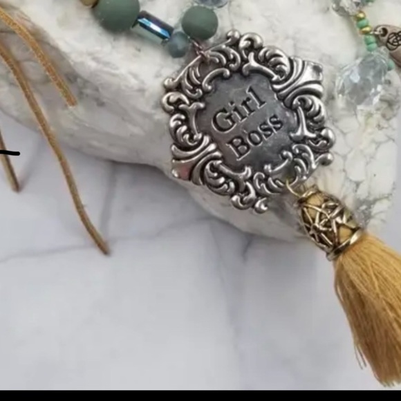 Bohemian Green and Silver 'Girl Boss' Necklace - Picture 5 of 8